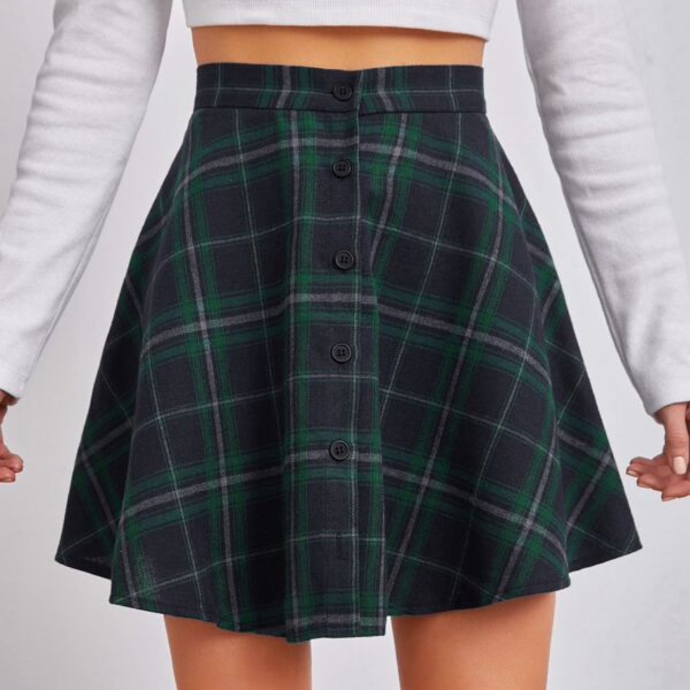 Classic Green Plaid Button Mini Skirt Winter y2k